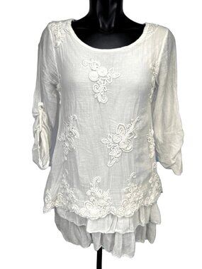BELLA AMORE 100% Cotton Embroidered Boho Scoop Neck Tunic White Blouse Size S